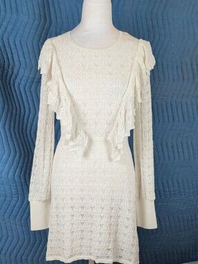 NWT ZARA Cream Pointelle Knit Ruffle Long Sleeve Mini Dress Lined | Size S